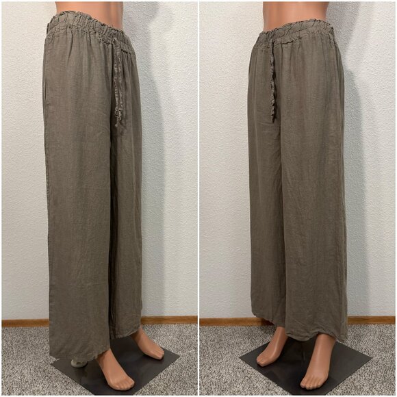 Made in Italy 100% Linen Meo Meli Elastic Waist Grey Beige Pants - Picture 3 of 9